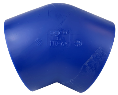 A blue plastic 45 degree pipe elbow, moulded with its size marking.