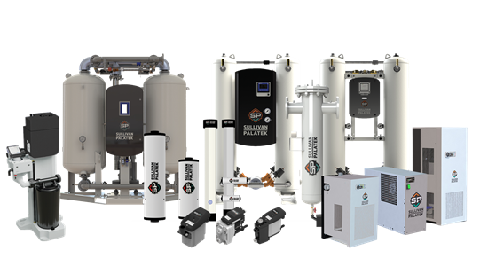 A group shot of Sullivan Palatek compressed air products, including desiccant and refrigerated dryers, filters, drains and control units.
