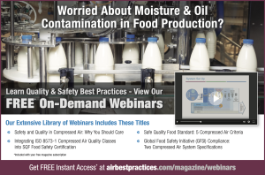 Advertisement for on-demand webinars on moisture and oil contamination in food production, listing the titles available.