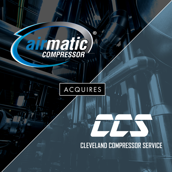 Announcement graphic that Airmatic Compressor has acquired Cleveland Compressor Service, with both companies' logos.
