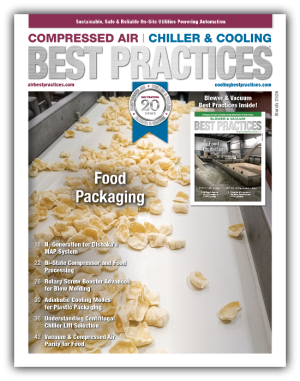 Cover of Compressed Air Best Practices magazine, the March issue, with a food packaging line on the front and the issue's article headlines listed beneath.
