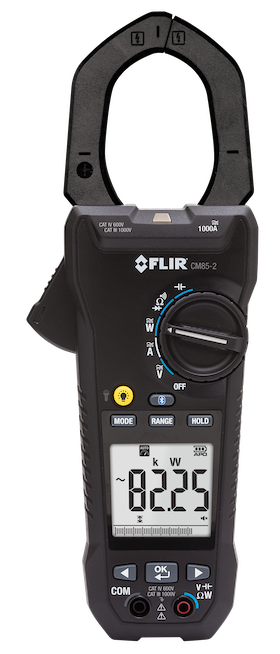 A FLIR clamp meter displaying a kilowatt reading.