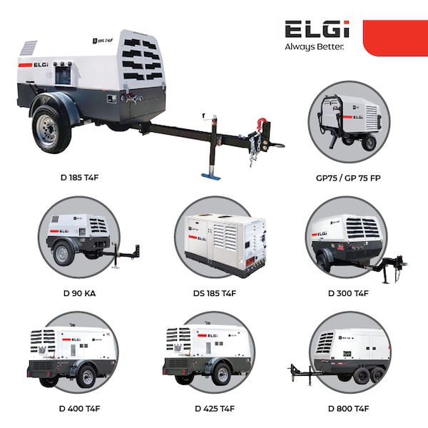 The ELGi portable compressor range, each model shown with its designation beneath.