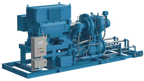 A blue skid-mounted multistage centrifugal air compressor package with its motor, coolers, interconnecting pipework and a control panel.