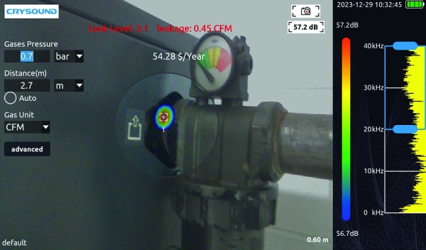 Acoustic imaging camera screen locating a leak on a valve, reporting the leak level, leakage in cfm and an annual cost, with the gas pressure, distance and unit settings alongside and a frequency spectrum on the right.