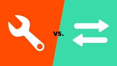 A split graphic contrasting a spanner with two opposing arrows, captioned 'vs.'
