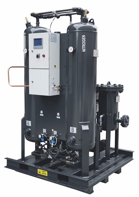 A nitrogen generator with twin adsorption vessels, control panel and filter housings on a skid.