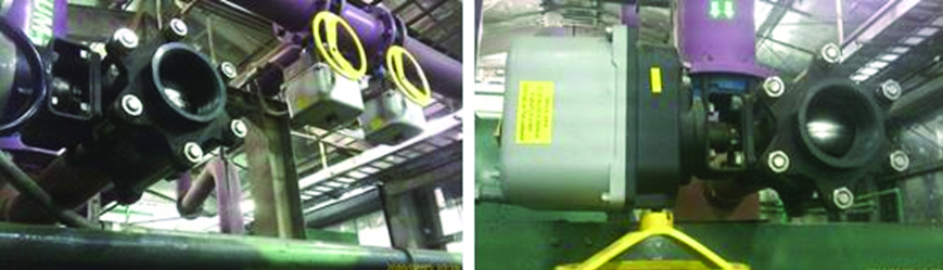 Two views of actuated valves on overhead process pipework, one showing the actuator and linkage from below.
