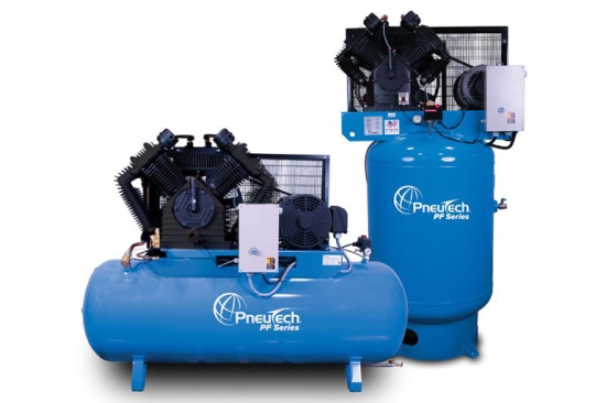 Two PneuTech piston air compressors, one on a horizontal receiver and one on a vertical receiver.