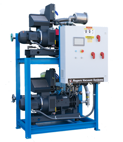 A Rogers vacuum system skid with two pump sets stacked in a blue frame beside a control cabinet.