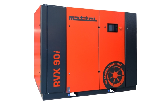 A Mattei rotary vane compressor package in orange and grey.