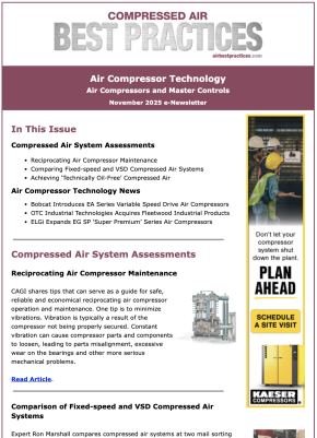 An e-newsletter page listing compressed air system assessment and technology news articles, with a sidebar advertisement.