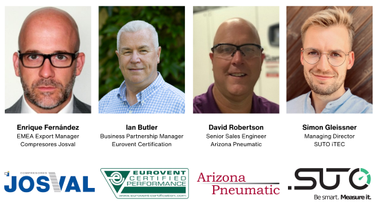 Speaker card for a conference session, captioning Enrique Fernandez of Compresores Josval, Ian Butler of Eurovent Certification, David Robertson of Arizona Pneumatic and Simon Gleissner of SUTO iTEC, with each company logo beneath.