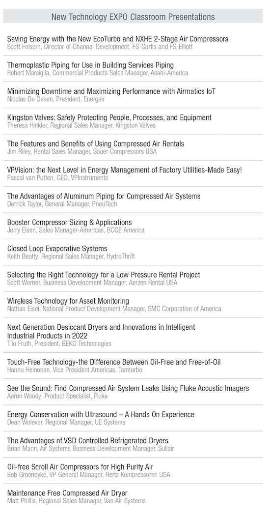 Listing of New Technology EXPO classroom presentations, each with its title, speaker and company.