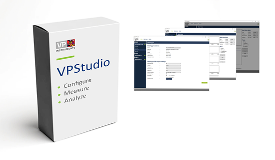 Product graphic for VP Instruments VPStudio software, with a boxed package captioned Configure, Measure, Analyze beside screenshots of the interface.