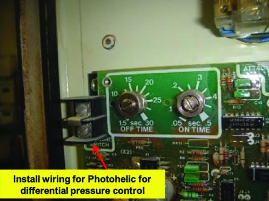 A dust collector control board with OFF TIME and ON TIME timer dials, and a callout marking where to install wiring for differential pressure control.