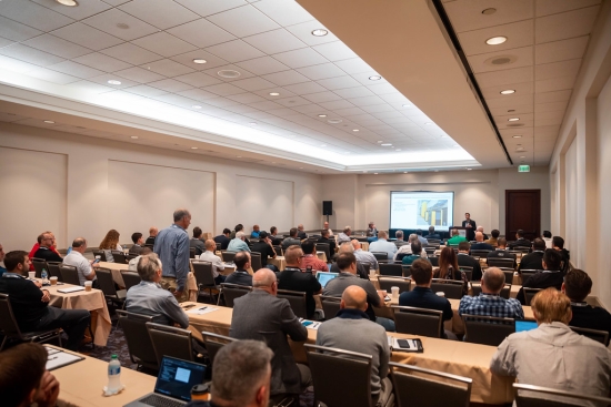 A classroom-style conference session with delegates at long tables facing a presenter and screen.