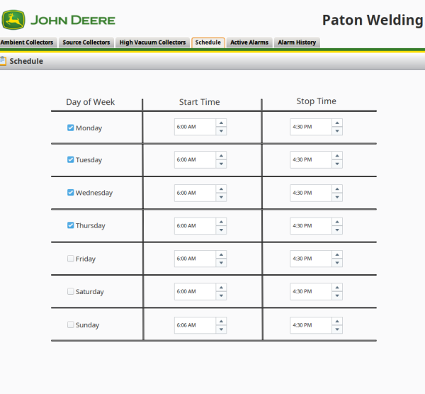 A dust collection scheduling screen listing each day of the week with start and stop times, Monday to Thursday enabled from 6:00 AM to 4:30 PM.