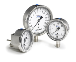 A group of Ashcroft pressure gauges in different case styles.