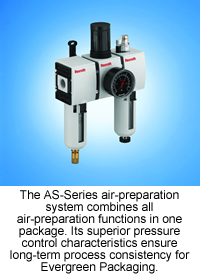 The AS-Series air-preparation system combines all air-preparation functions in one package. Its superior pressure control characteristics ensure long-term process consistency for Evergreen Packaging.